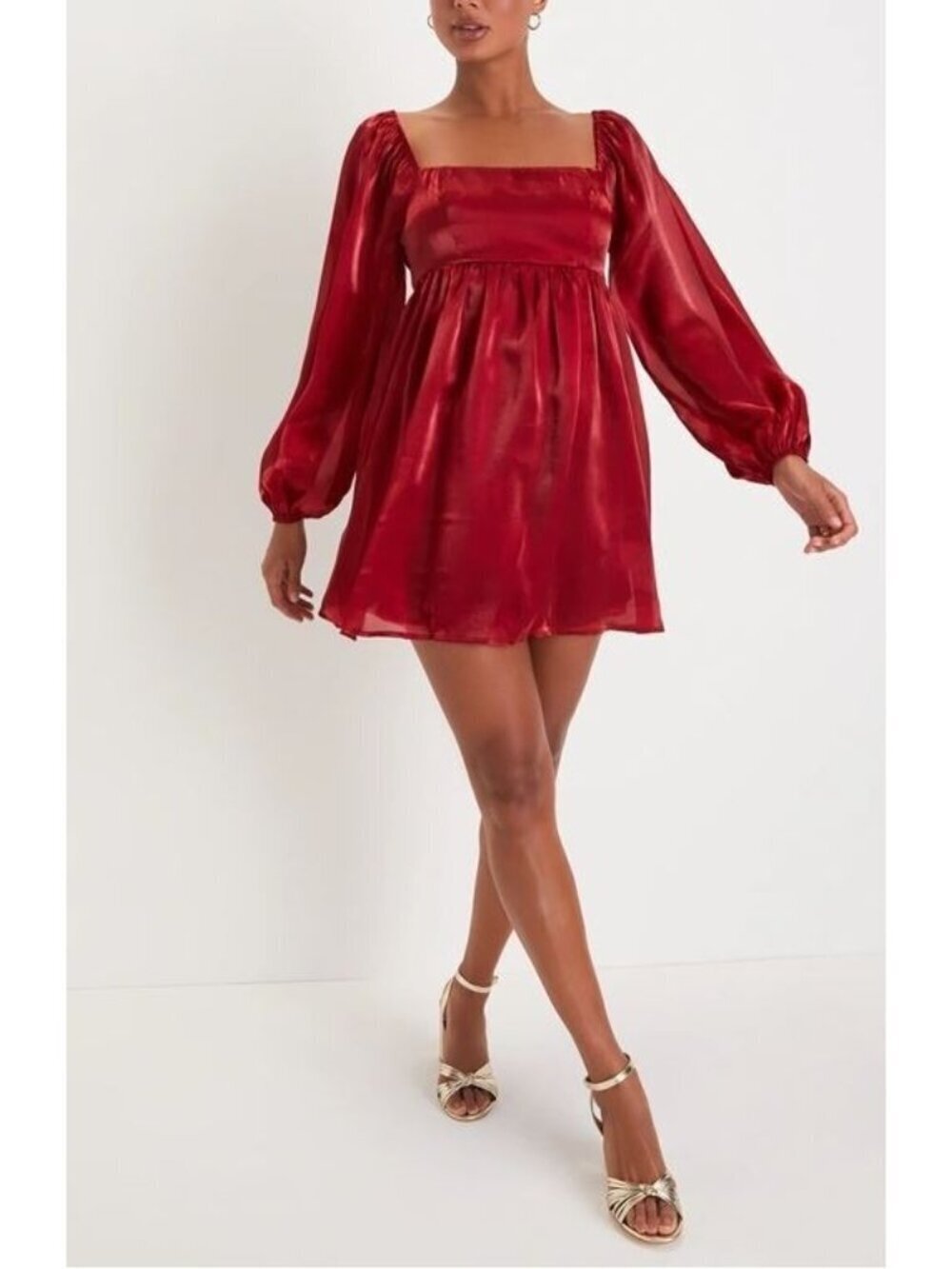 Lulus Dress Womens Medium Wine Red Organza Babydoll Mini Puffy Sleeve Holiday